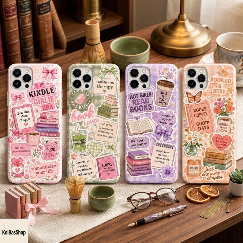 May include: Four smartphone cases featuring various book-themed stickers, including text like In My Kindle Girlie Era, Book Lover, Hot Girls Read Books, and Booked & Busy, with illustrations of books, coffee cups, flowers, and bows in pink, green, purple, and orange.
