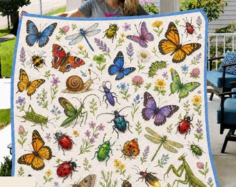 Whimsical Insect Quilt, Nature's Wonders Butterfly Dragonfly Print, Cottagecore Botanical Quilt, Entomologist Gift, Deli 10-15days