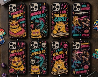 May include: Eight black smartphone cases featuring colorful graphic illustrations of cats, dinosaurs, and text. Designs include phrases like Princess Donut Is My Spirit Animal, Mongo Is Appalled, I Am Yelling Carl, and This Is An Outrage with stars and lightning.