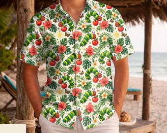 Caterpillar Hawaiian Shirt Men, Tropical Hibiscus Monstera Aloha Shirt, Beach Vacation Shirt, Book Lover Gift, Gift for Men Women