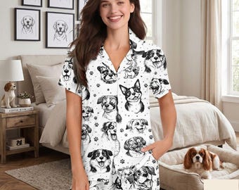 Dog Pajama Set for Women, Cute Puppy Print Pajamas, Dog Lover Sleepwear, Matching Bridesmaid Pajamas, Cozy Loungewear Gift, Deli 10-15days