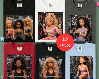 May include: A collection of six t-shirts in black, white, dark gray, red, and light blue, each featuring a graphic print of a doll in a gym setting. The dolls are shown lifting weights or exercising, with some shirts displaying the text 10 PNG.