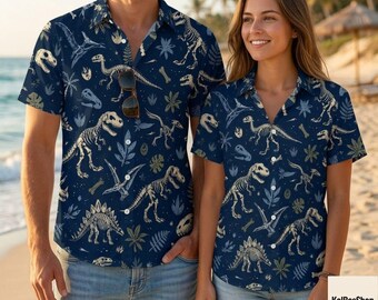 Fossil Dinosaur Button Up Shirt, Navy Skeleton Aloha Top, Science Teacher GiftTropical T Rex Aloha Button Up, Couples Beach Vacation Outfit