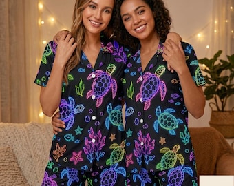 Turtle Neon Pajama Set Women, Vintage Turtle Women Loungewear, Matching Bridal Party Pajamas, Beach Wedding Gift, Deli 10-15days