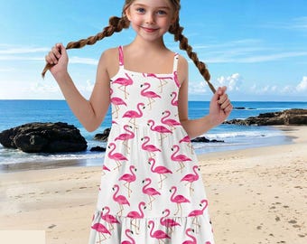 Tropical Pink Flamingo Dress for Girls, Summer Beach Dress, Cute Flamingo Sundress, Kids Summer Outfit, Kids Flamingo, Deli 10-15days