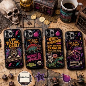 May include: Four black smartphone cases featuring colorful graphic illustrations of cats, dinosaurs, and text. The designs include phrases like I AM YELLING, CARL!, THIS IS AN OUTRAGE, MONGO IS APPALLED, and NEEEEW OCHIEVEMENT! HAPPY BIRTHDAY CRAWLER.
