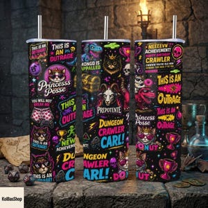 May include: Three black cylindrical tumblers with straws, featuring colorful neon-style graphics including cats wearing sunglasses, skulls, treasure chests, trophies, and text like "Princess Posse," "Dungeon Crawler Carl," and "This is an Outrage."