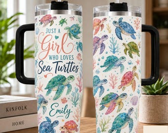 Personalized Sea Turtle 40oz Tumbler with Handle, Custom Ocean Turtle Travel Mug, Beach Lover Gift, Insulated Stainless Steel Cup