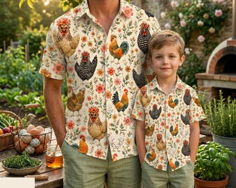 Farm Chicken Hawaiian Shirt for Men, Backyard Chicken Aloha Family Shirt, Rooster Floral Beach Shirt, Funny Chicken Shirt, Deli 10-15days