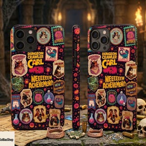 May include: A black smartphone case featuring a collage of colorful stickers related to Dungeon Crawler Carl, including text like "Dungeon Crawler Carl," "Neeeeeeew Achievement!," and "Princess Donut," alongside illustrations of cats, monsters, and potions.