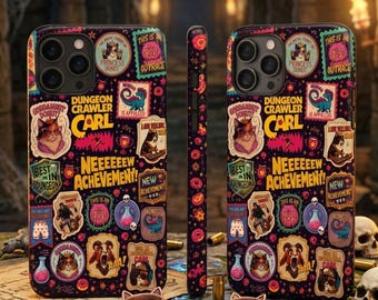 May include: A black smartphone case featuring a collage of colorful stickers related to Dungeon Crawler Carl, including text like "Dungeon Crawler Carl," "Neeeeeeew Achievement!," and "Princess Donut," alongside illustrations of cats, monsters, and potions.