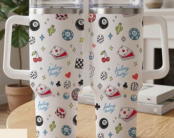 Vegas Lucky Tumbler 40oz With Handle, Casino Theme Cup, Vegas Aesthetic Travel Mug, Gambling Lover Gift, Lucky Drink Tumbler for Men