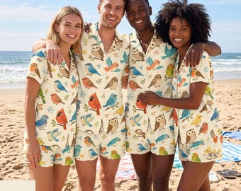 Colorful Bird Pajama Set for Women, Spring Floral Sleepwear, Bridesmaid Pajamas, Bridal Party Outfit, Nature Lover Gift, Deli 10-15days