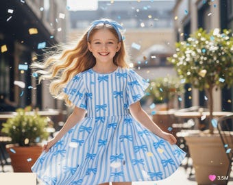 Girls Blue Bow Dress, Striped Toddler Dress, Cute Summer Party Dress for Kids, Princess Birthday Outfit, Flutter Sleeve Dress