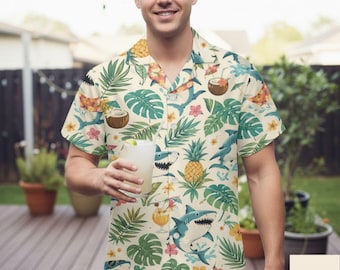 Matching Father Son Shark Hawaiian Shirt, Tropical Shark Family Vacation Shirt, Shark Beach Button Up, Shark Men Print, Deli 10-15days