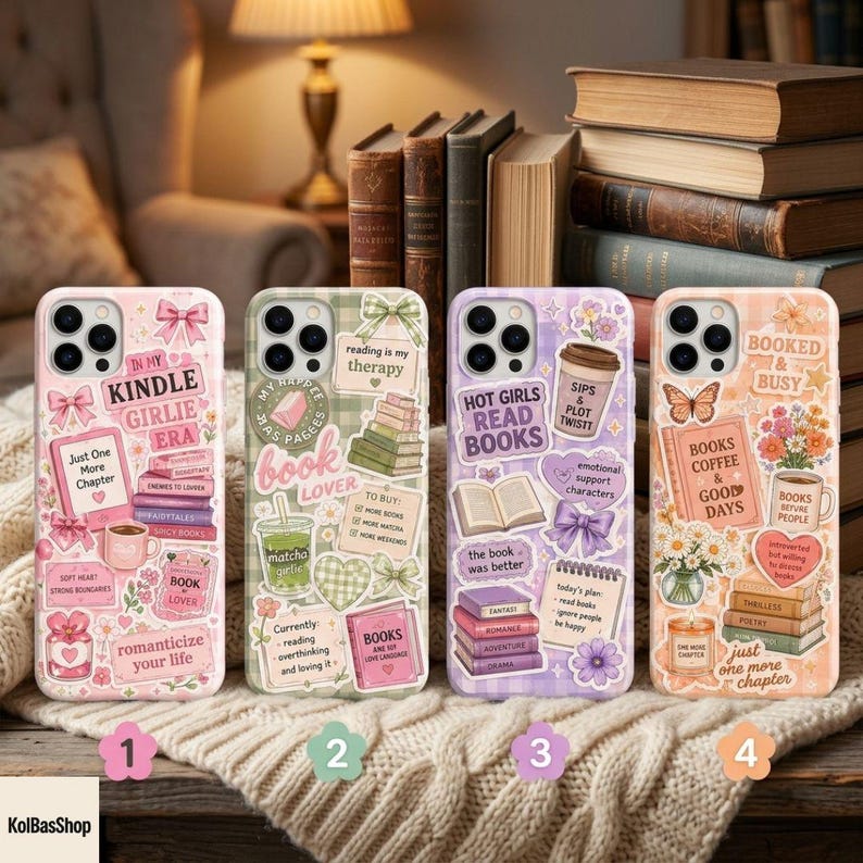 May include: Four smartphone cases featuring various sticker-style designs. The first is pink with book-themed graphics and text. The second is green plaid with reading-related illustrations. The third is purple with book and coffee motifs. The fourth is orange with floral and literary imagery.