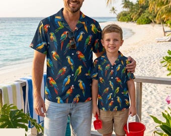Parrot Family Hawaiian Shirt, Tropical Bird Hawaiian Shirt, Beach Outfit, Family Cruise Shirts, Unisex Adult Kids Shirt, Deli 10-15days