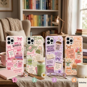 May include: Four smartphone cases featuring various sticker-style designs with book-themed illustrations, including stacks of books, coffee cups, flowers, and text phrases like 'Kindle Girlie Era', 'Book Lover', 'Hot Girls Read Books', and 'Booked & Busy'.