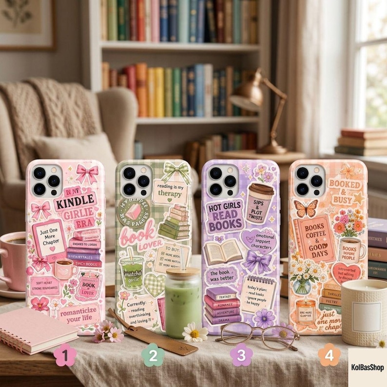 May include: Four smartphone cases featuring various sticker-style designs with book-themed illustrations, including stacks of books, coffee cups, flowers, and text phrases like 'Kindle Girlie Era', 'Book Lover', 'Hot Girls Read Books', and 'Booked & Busy'.