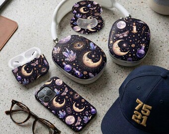 Celestial Phone Case, Moon Stars Aesthetic iPhone Case, Mystic Galaxy Pattern AirPods Max Case, Witchy Cosmic Gift, AirPods Case