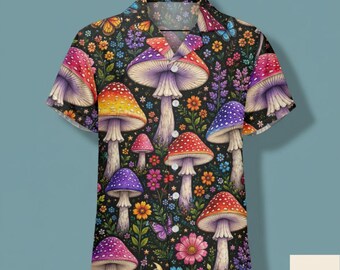 Colorful Mushroom Floral Hawaiian Shirt, Tropical Mushroom Button Down for Men, Nature Inspired Print Shirt, Mushroom Outfit, Deli 10-15day