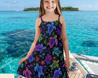 Neon Turtle Girls Dress for Girls, Cute Girls Summer Dress for Kids, Colorful Sea Turtle Sundress, Tropical Turtle Outfit, Deli 10-15days