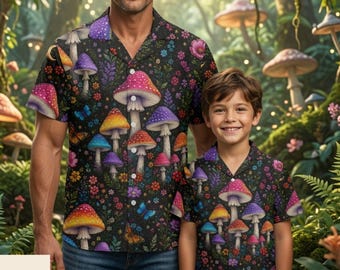 Colorful Mushroom Floral Hawaiian Shirt, Tropical Mushroom Button Down for Men, Nature Inspired Festival Shirt, Family Outfit, Deli 10-15day
