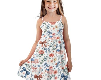 Girls Floral Patriotic Summer Dress, July 4th Fourth Patriotic Tween Toddler Flutter sleeves, Cute Toddler Sundress with Bows and USA Flag