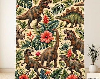 Dinosaur Jungle Blanket, T Rex Stegosaurus Triceratops Throw, Tropical Kids Bedroom Decor, Prehistoric Birthday Gift Kids and Adults