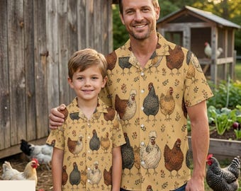 Men's Chicken Hawaiian Shirt, Chicken Family Aloha Beach Summer Top, Funny Hen Print Tropical Button Up, Chicken Lover Gift, Deli 10-15days