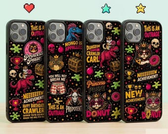 May include: Four black smartphone cases featuring a repeating pattern of colorful illustrations including cats wearing crowns, dinosaurs, skulls, treasure chests, trophies, donuts, and text such as Princess Posse, Dungeon Crawler Carl, and New Achievement.