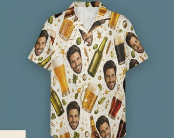 Custom Photo Beer Hawaiian Shirt for Men, Funny Face Tropical Shirt, Personalized Beer Lover Gift, Bachelor Party Button Up, Deli 10-15days