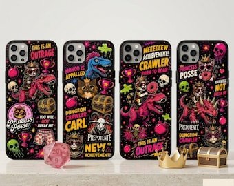 May include: Four black smartphone cases featuring colorful illustrations of cats, dinosaurs, skulls, treasure chests, and trophies. The designs include text such as "Princess Posse," "This is an Outrage," "Dungeon Crawler Carl," and "New Achievement."