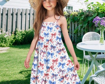 Girls Patriotic Bow Print Dress, Red White Blue Summer Sundress for Kids, 4th of July Outfit, Cute Toddler Party Dress, USA Holiday Clothing