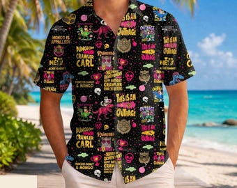 Lustiges Dungeon Crawler Carl Hawaiian Shirt, lustiges Cartoon Graphic Aloha Shirt, Tropisches Button Up Strand Urlaub Shirt für Männer Frauen