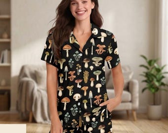Mushroom Pajama Set Women, Cute Fungi Sleepwear Set, Cottagecore Pajamas, Button Up Shirt and Shorts Set, Botanical Loungewear Outfit