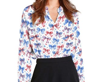 Women's 4th Of July Blouse, USA Flag Firework Linen-Look Shirt, Patriotic Blouse Shirt, US Summer Top, American Holiday Shirt Gift