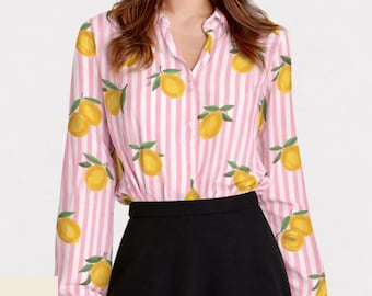 Lemon Blouse Women, Amalfi Coast Lemon Button Up Shirt, Pink Stripe Citrus Shirt, Mediterranean Button Up, Vacation Outfit for Women