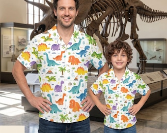 Dinosaur Hawaiian Shirt for Men Women Kids, Matching Family Vacation Shirt, Cute Dino Button Up, Tropical Summer Shirt, Deli 10-15day