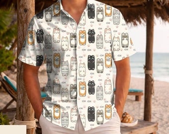 Cat Hawaiian Shirt for Men, Holiday Tropical Pattern Shirt for Men Women Birthday Bachelor Party Gift Summer Gift, Casual Beach Outfit