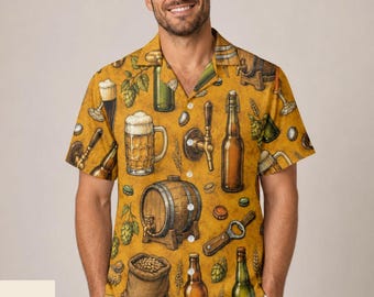 Vintage Beer Mug Hawaiian Shirt, Beer Lover Tropical Button Up Shirt, Retro Beer Print Lover Shirt, Funny Summer Shirt, Gift for Him