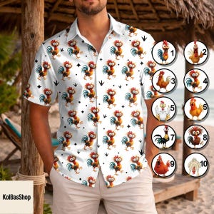 May include: White button-down shirt with a repeating pattern of cartoon roosters in various poses. The roosters are in shades of red, yellow, blue, and green. The shirt also features small black diamond shapes. The shirt is part of the KolBasShop collection.