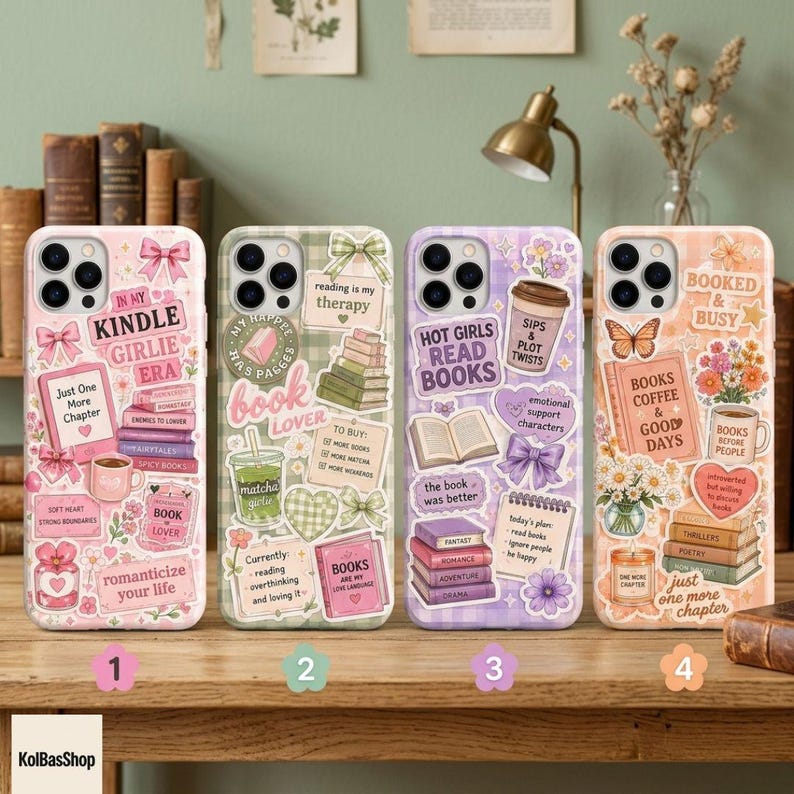 May include: Four smartphone cases featuring various book-themed stickers. The first is pink with text like 'Kindle Girlie Era'. The second is green plaid with 'Book Lover' text. The third is purple plaid with 'Hot Girls Read Books'. The fourth is peach with 'Booked & Busy'.