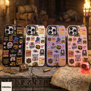 May include: Four smartphone cases featuring a repeating pattern of Dungeon Crawler Carl themed stickers, including text like Princess Posse, This Is An Outrage, and You Will Not Break Me. The cases are available in black, white, purple, and pink backgrounds.