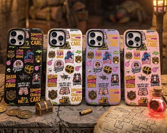 May include: Four smartphone cases featuring a repeating pattern of Dungeon Crawler Carl themed stickers, including text like Princess Posse, This Is An Outrage, and You Will Not Break Me. The cases are available in black, white, purple, and pink backgrounds.