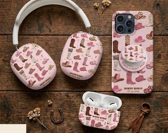 Cowgirl Phone Case, Western Aesthetic iPhone Case, Pink Cowboy Boots Pattern Airpods Max Case, Cute Country Girl Gift, AirPods Case