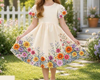 Mädchen Blumen Rüschen Ärmel Sommerkleid, Cottagecore Blumen Shirt, Wildblumen Kleid für Mädchen, Kleinkind-Sommer-Party Kleid