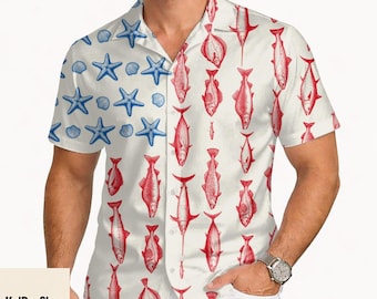 American Flag Fish Hawaiian Shirt, Patriotic Starfish Print Hawaiian Shirt, Red White Blue Beach Shirt Men, Summer Vacation Button Up Gift
