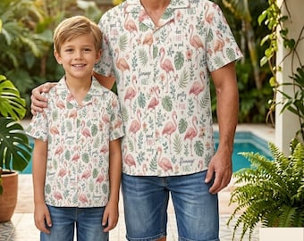 Pink Flamingo Tropical Camp Shirt, Men's Pink Flamingo Hawaiian Shirt, Flamingo Print Button Up, Tropical Bird Family Outfit, Deli 10-15days