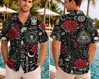 Occult Gothic Hawaiian Shirt, Witchcraft Tarot Astrology Print Hawaiian Shirt, Dark Aesthetic Rose Skull Pattern Shirt, Unisex Beach Up Gift